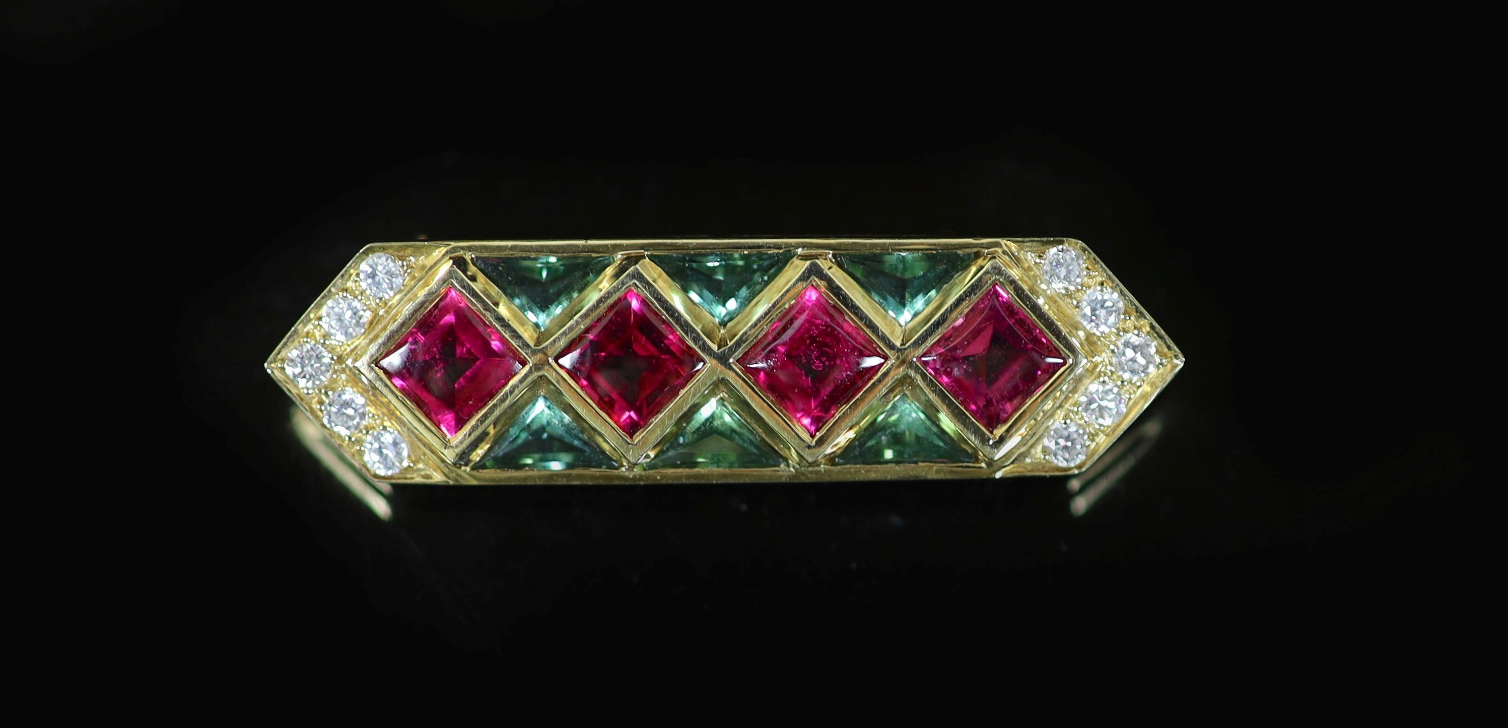 A 20th century Continental 18ct gold, two colour tourmaline? and diamond set bar brooch